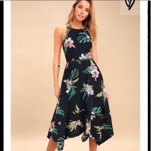 Lulus YOU AND LANAI NAVY TROPICAL PRINT MIDI DRESS